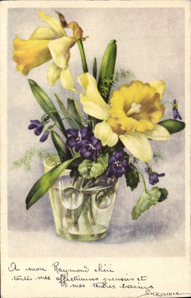 Arranjo de narcisos amarelos e violetas — Suzanne — número de série não visível - Frente