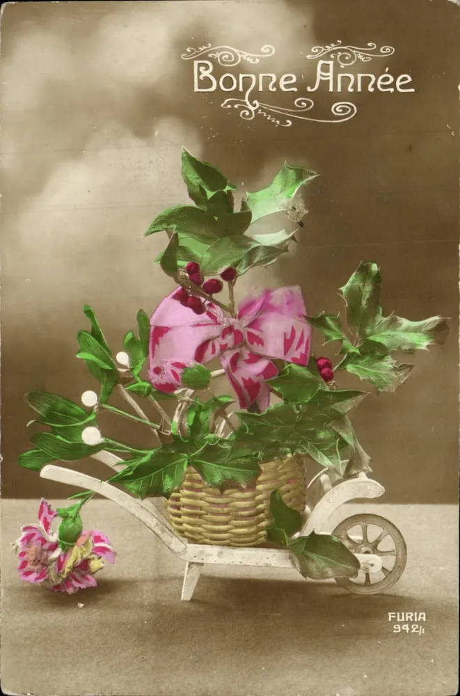Bouquet van eikenblad en bloemen in een landau — FURIA 942 — kerstuitgave 1919 - Voorkant