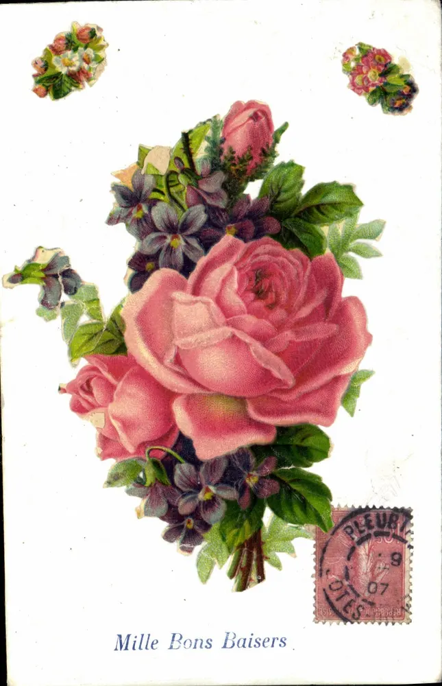 Bukiet róż i fiołków — Mille Bons Baisers — Pleubian, 1907 - Awers