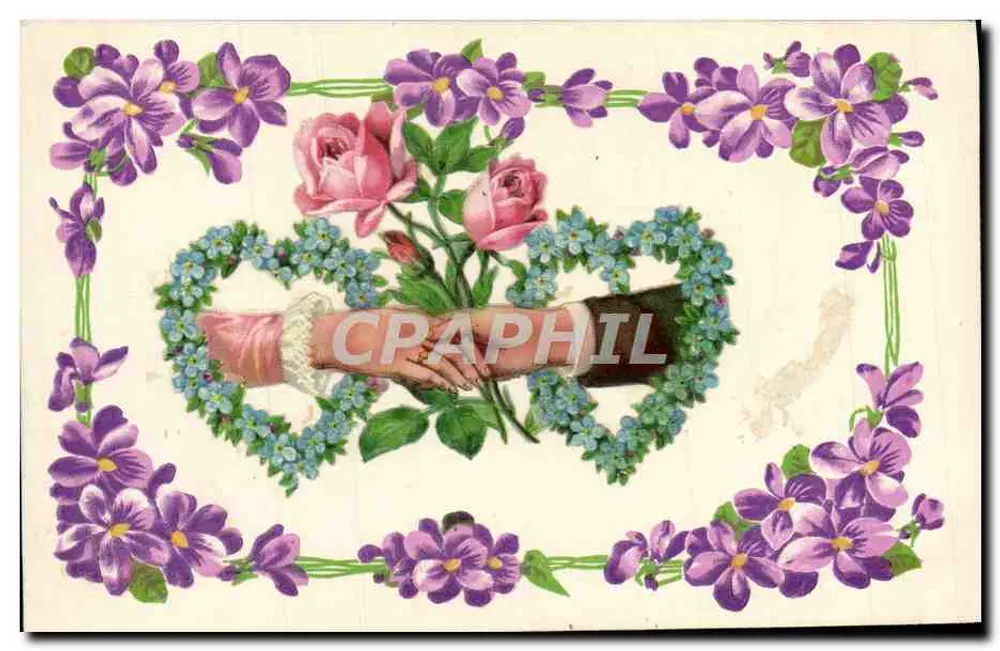 Zwei Hände, die sich halten — in einem Herzen aus Blumen — Verlag Universal Postal Union - Vorderseite