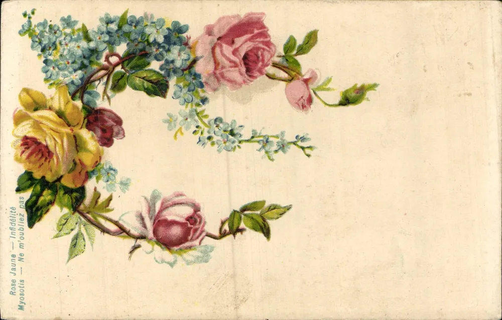 Blumen — Gelbe Rose, Rose, Vergissmeinnicht — K. P. Verlag, Paris - Vorderseite