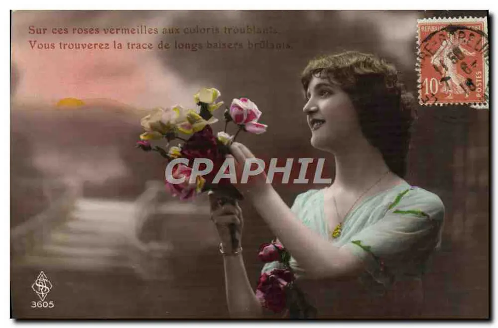 Femme tenant un bouquet de roses — Série 3605 — Éditeur S. S. - Recto