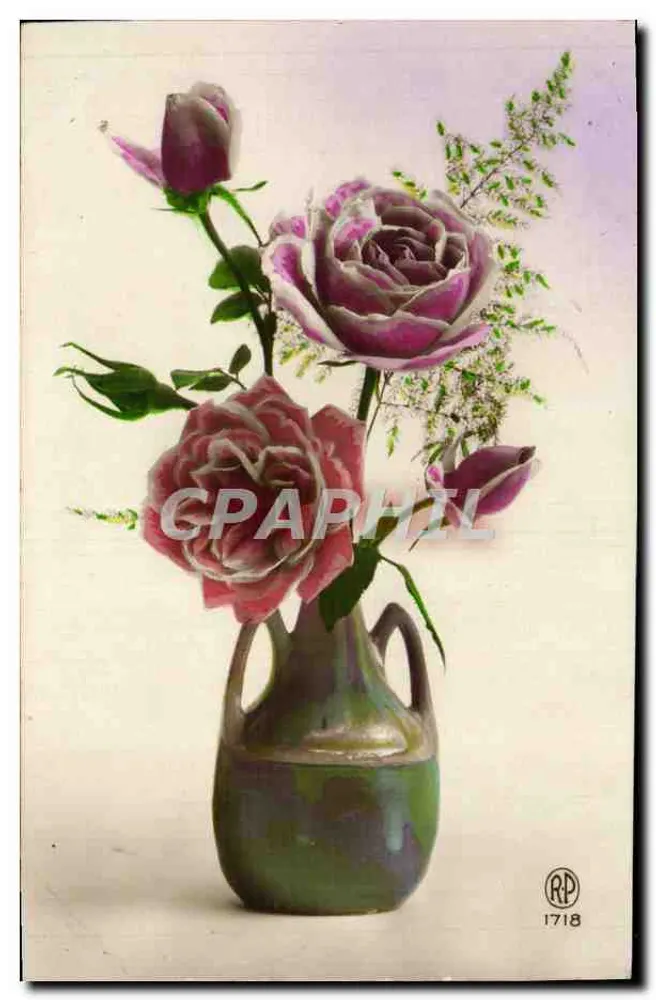 Arranjo de rosas e samambaias — em um vaso de cerâmica — RP 1718 - Frente