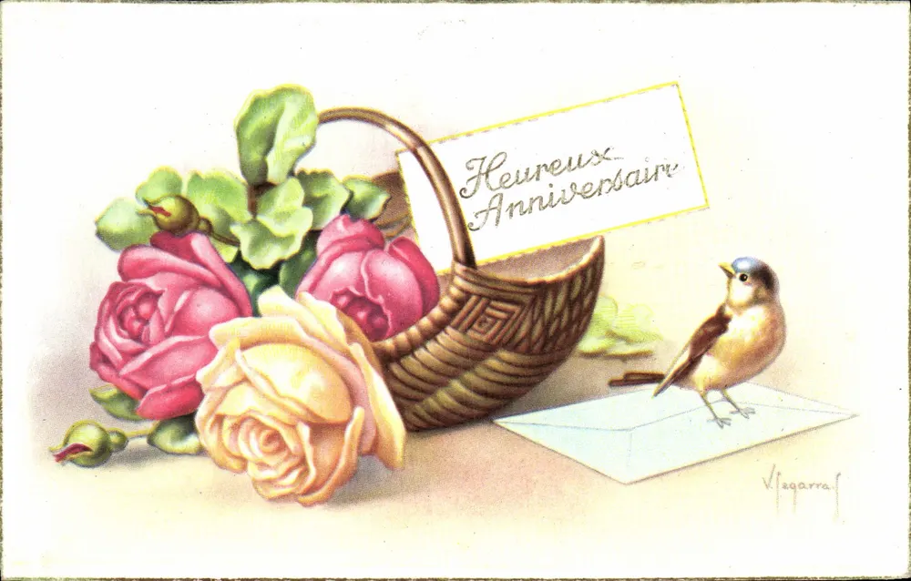 Bouquet of roses and bird — Birthday — Viegarra - Front