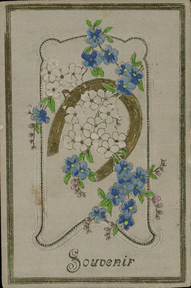 Souvenir — Horseshoe orné de fleurs bleues et blanches — éditeur non visible - Frente