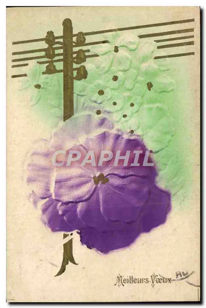 Violet flower and electric pole — Best Wishes — unknown publisher, serial number not visible - Front
