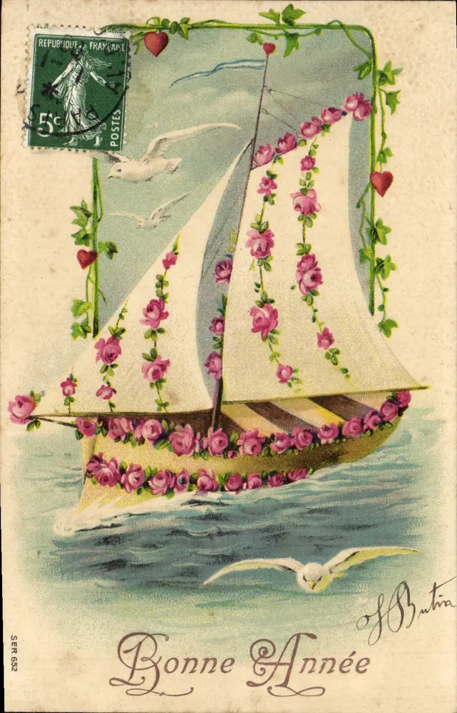 Barco decorado com rosas — Boa Ano — Editor S.E.R. 632 - Frente