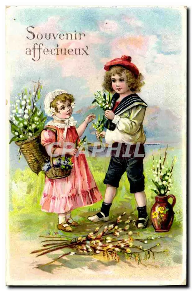 Kinder mit Blumen — Zärtliches Erinnerungsstück — Verlag nicht sichtbar - Vorderseite