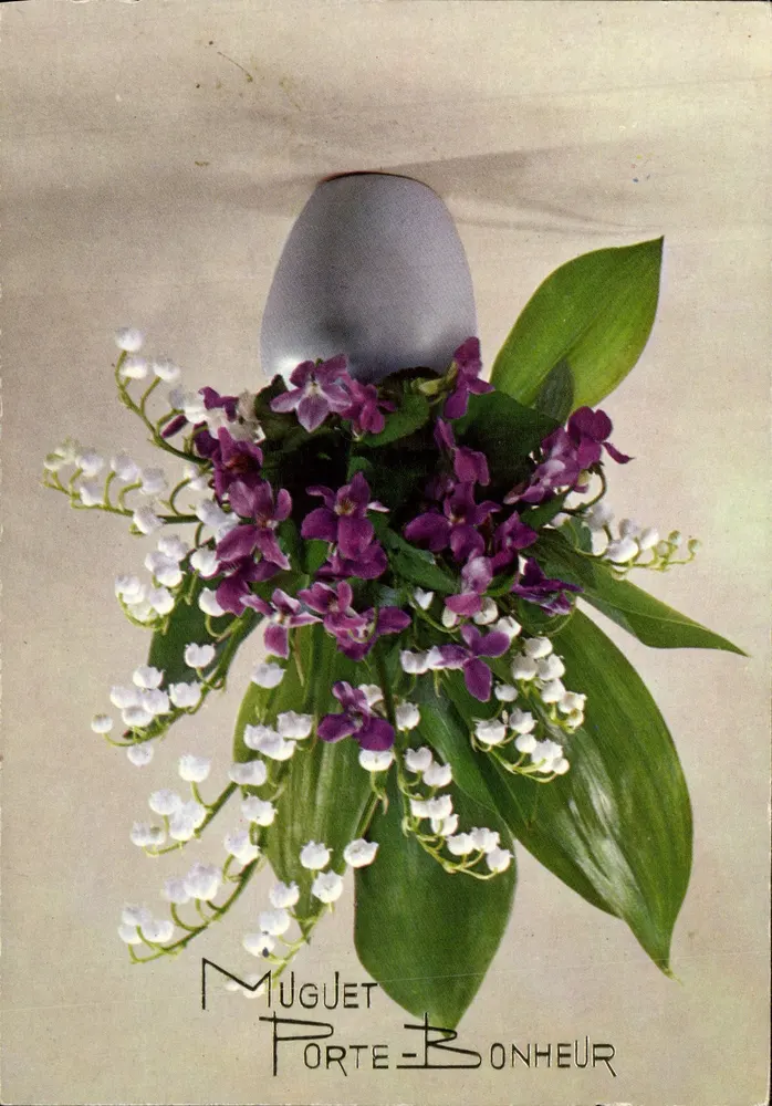 Muguet porte-bonheur — bouquet de muguet blanc et orchidées violettes — éditeur Taplous - Recto