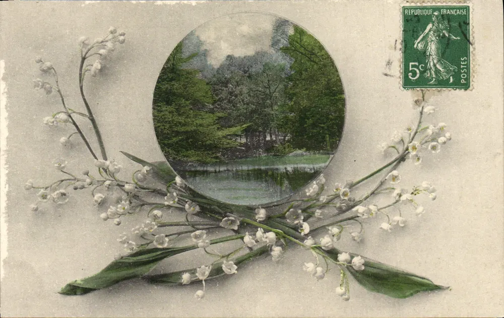 Lily of the Valley — décor floral entourant un paysage forestier — Éditeur EDP, n° 683 - Recto
