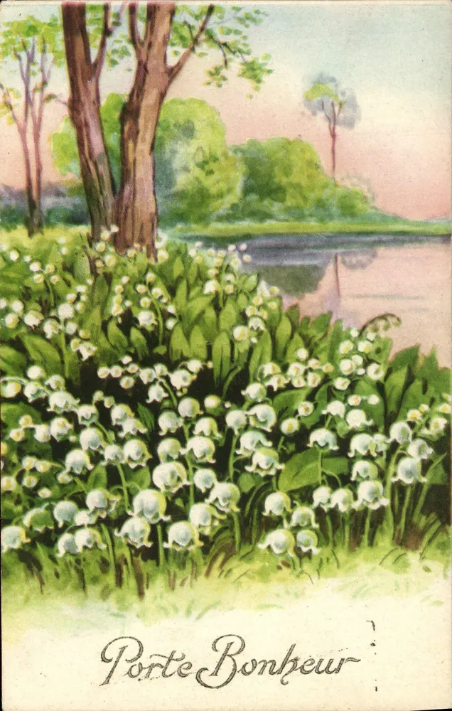 Porte Bonheur — fleurs de printemps près d'un lac — éditeur Lophina, n° de série non visible - Recto