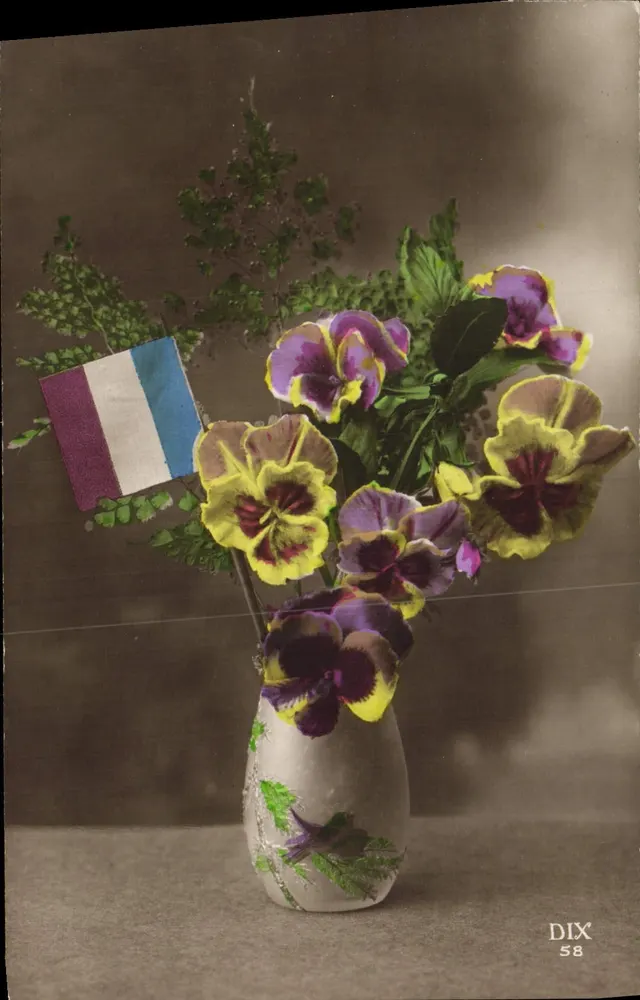 Flores de pensamento — bandeira francesa — editor DIX n° 58 - Frente