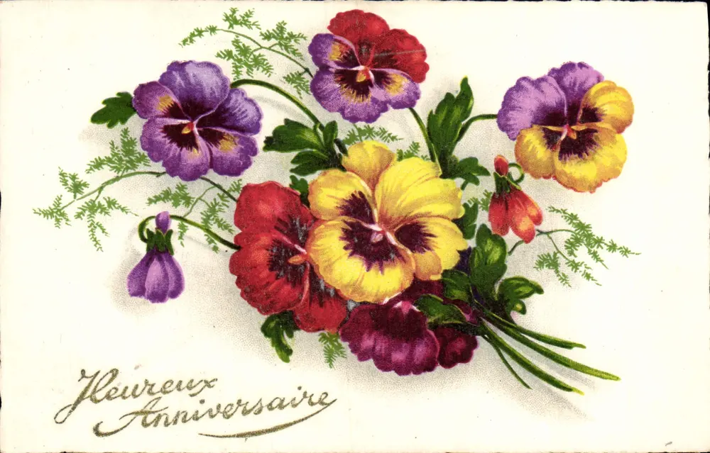 Buquê de pensamentos coloridos — 'Feliz Aniversário' — Impressora de Paris, n° 1160 - Frente