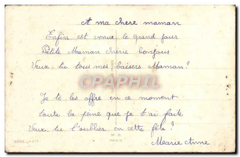 Bouquet de flores — Boa festa, mãe! — M.D. Paris, série 4275 - Verso