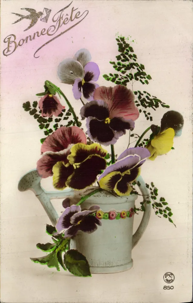 Flores de pensamento em um regador — Boa Festa — PC Paris 850 - Frente