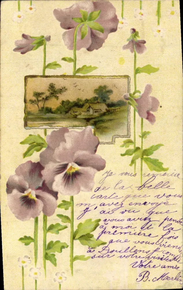 Pansies e paisagem — carta postal de Doullens — editor Union postale universelle - Frente