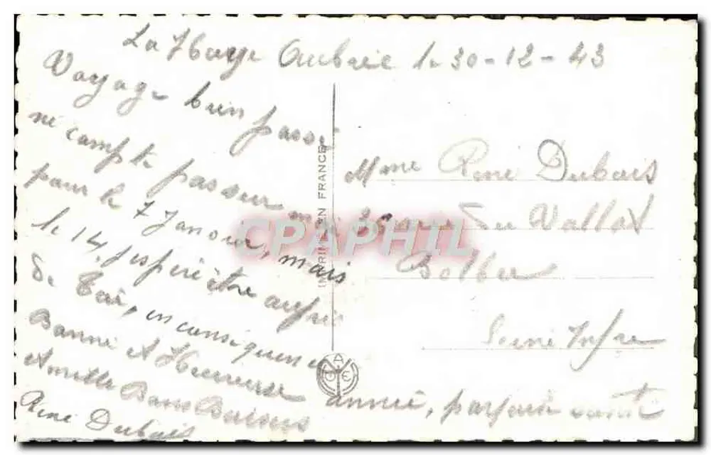 Arranjo de violetas e mimosa — paisagem invernal com casa — A. Roter, 1916 - Verso