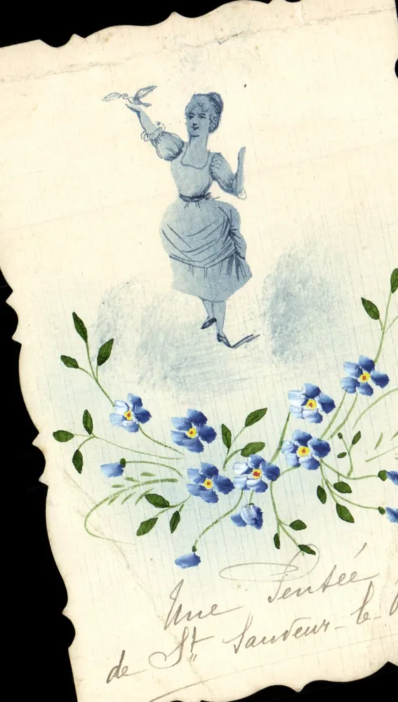 Scena z Saint Sauveur — ilustracja młodej kobiety z ptakiem i kwiatami — wydawca nieznany - Awers