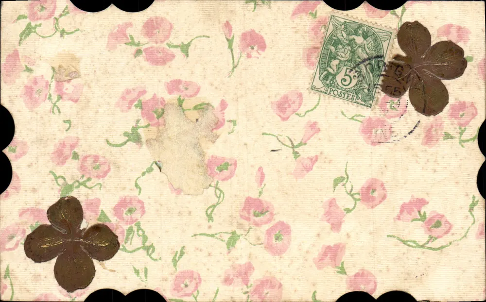 Fleurs roses et feuilles vertes — carte postale imprimée par J.C. PARIS avec timbre 5¢ POSTES - Frente