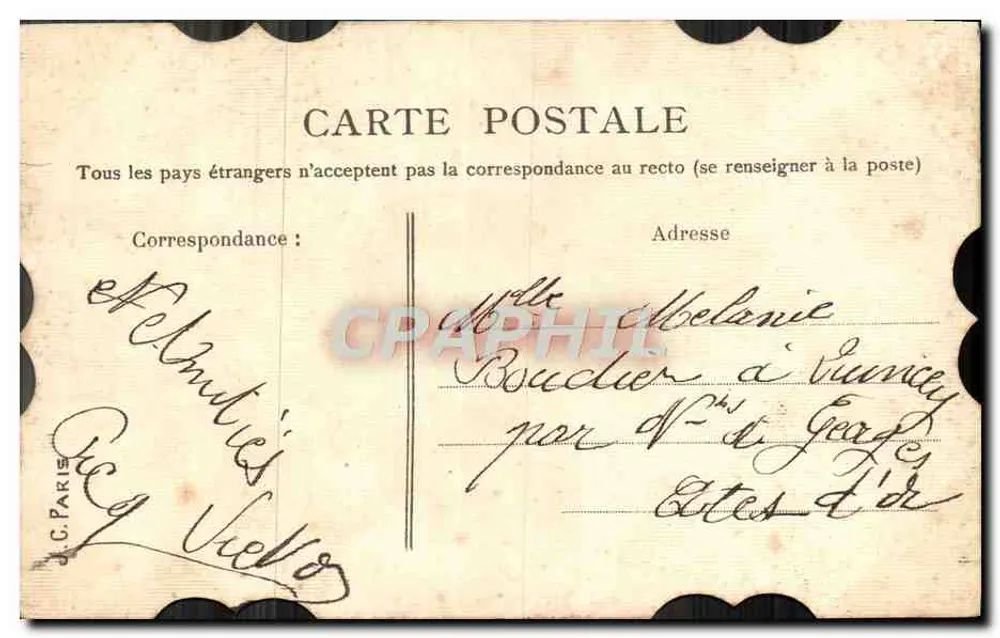 Fleurs roses et feuilles vertes — carte postale imprimée par J.C. PARIS avec timbre 5¢ POSTES - Verso