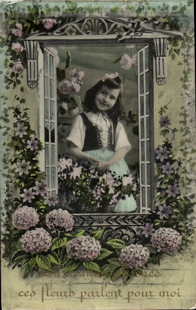 Fille au jardin — carte postale décorée de fleurs — éditeur Léssaine - Recto