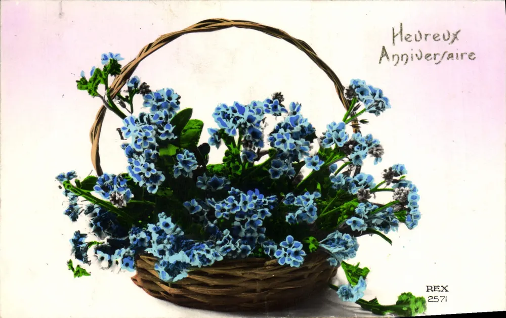 Arranjo de flores azuis em um cesto — Feliz Aniversário — REX 2571 - Frente