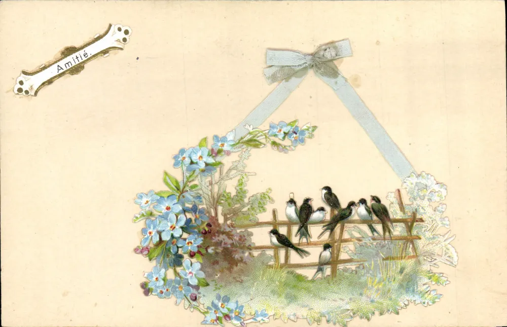 Oiseaux sur un treillis — décor floral avec ruban — éditeur non visible - Recto
