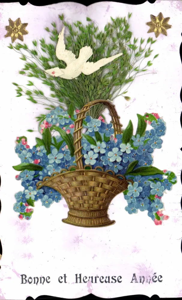 Arranjo de flores e pomba — Boa e Feliz Ano — editor desconhecido, número de série não visível - Frente