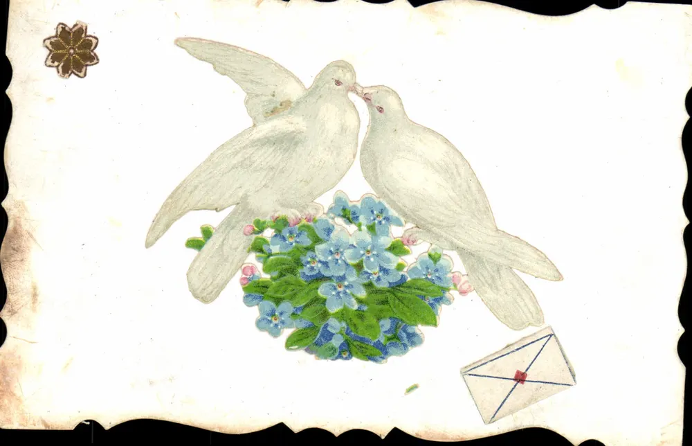 Duas pombas apaixonadas — sobre fundo de flores azuis e envelope — editor não visível - Frente