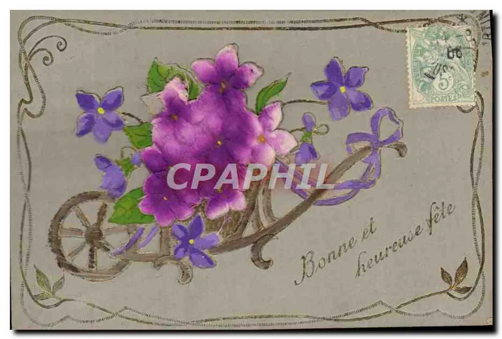 Flores violetas em um carrinho — Boa e feliz festa — editor não identificado, número de série não visível - Frente