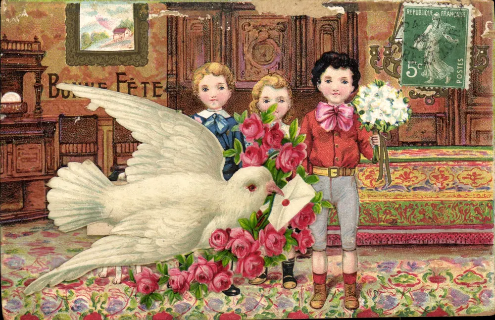 Kinder und Taube — Frohe Geburtstagskarte — J.C. Paris N° 150 - Vorderseite