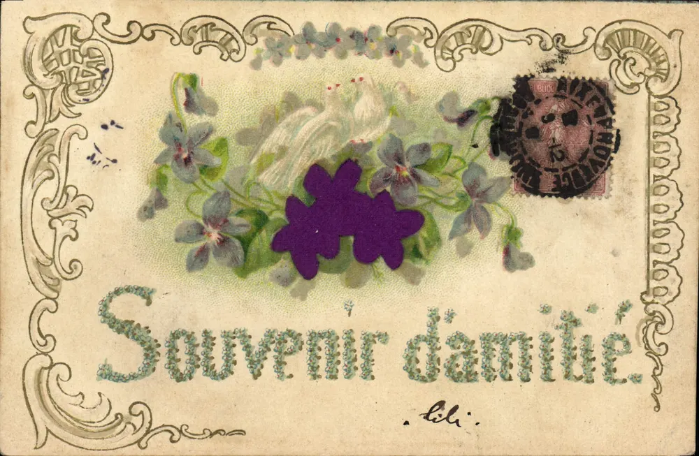 Fleurs et colombes — Souvenir d'amitié — Éditeur Eli, n° de série non visible - Recto