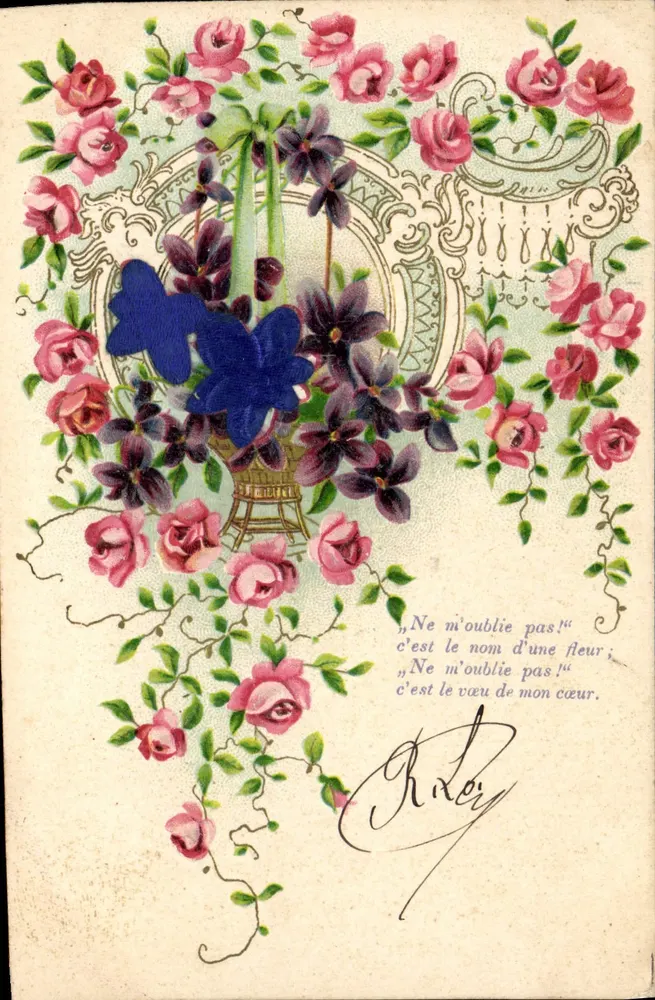 Arranjo de rosas e violetas — cartão postal decorativo — editor não visível - Frente