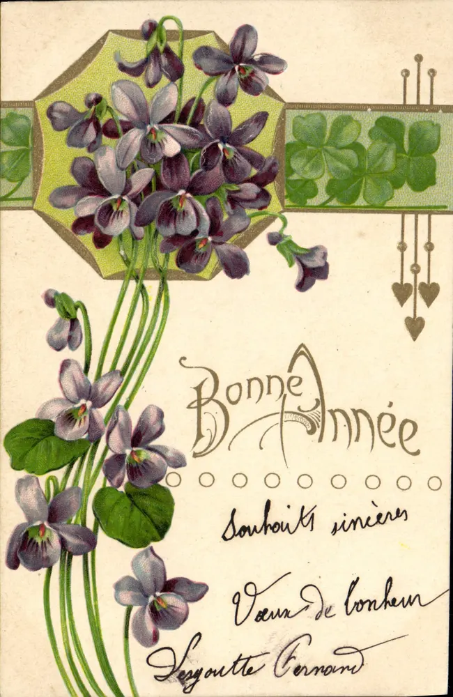 Violetas e trevo — Boa Ano — União Postal Universal, série 5505 - Frente