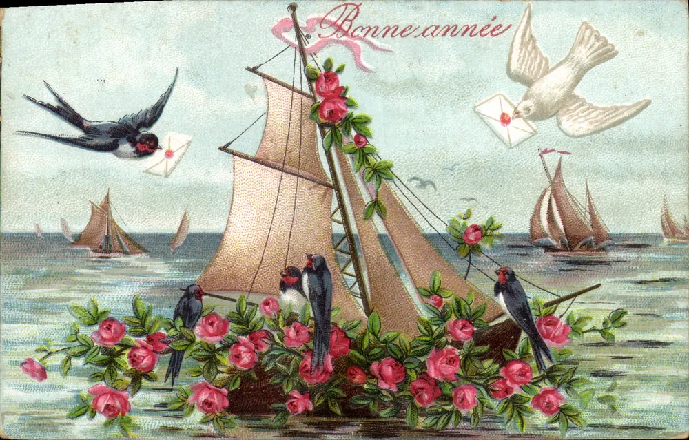 Gutes Jahr — Schiff mit Rosen und Vögeln, die Briefe tragen — Edition E. L., Paris - Vorderseite