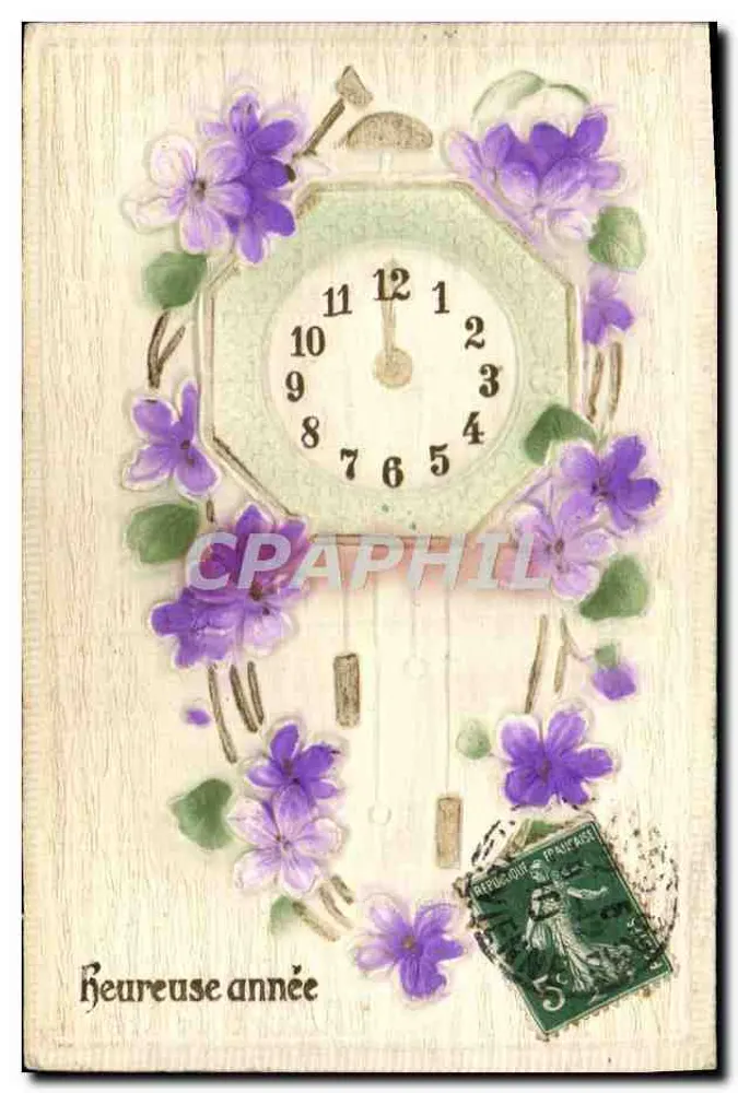 Relógio decorado com violetas — 'Bom ano' — editor não visível - Frente