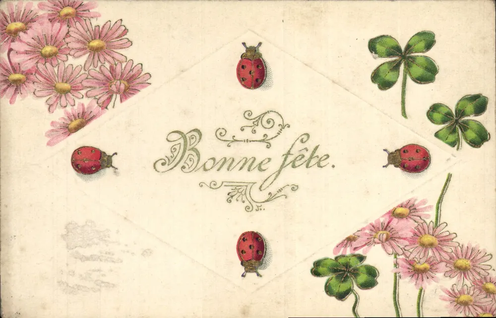 Fleurs et coccinelles — carte de vœux avec texte « Bonne fête » — K.F. EDITIONS, PARIS, SÉRIE 1104 bis - Vorderseite