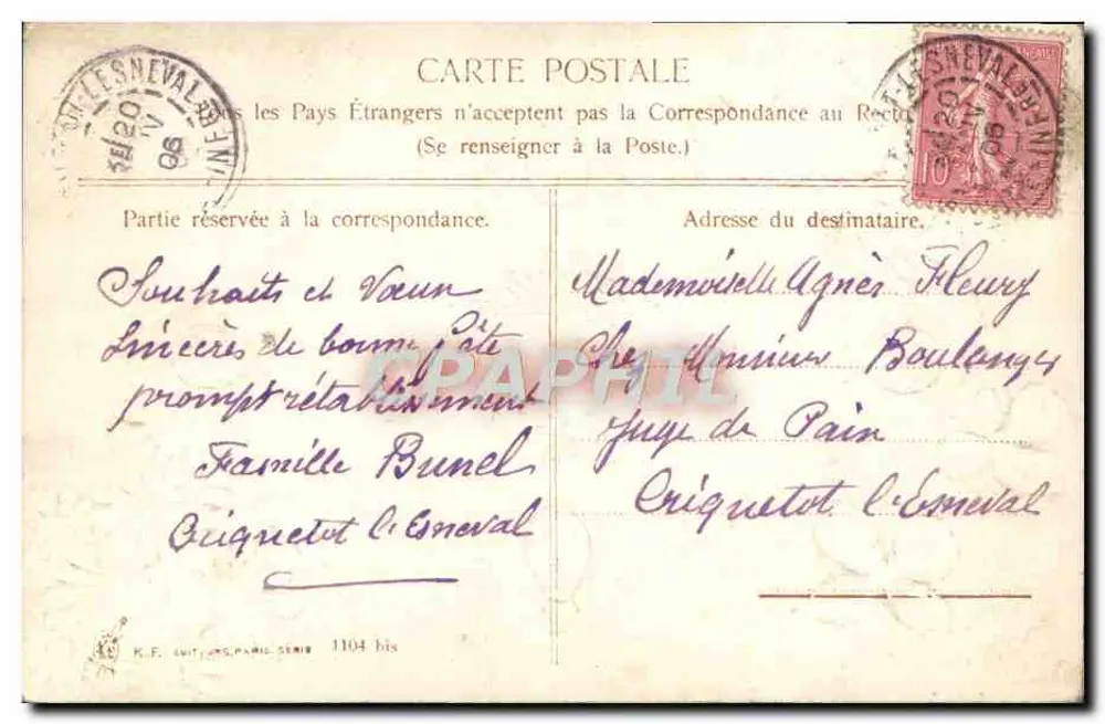 Fleurs et coccinelles — carte de vœux avec texte « Bonne fête » — K.F. EDITIONS, PARIS, SÉRIE 1104 bis - Rückseite
