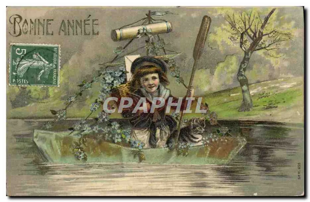 Kind mit Katze in einem Boot — Frohes Neues Jahr — Französische Republik - Vorderseite
