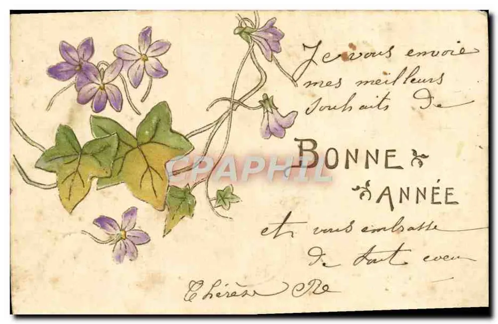 Violes et lierre — carte de vœux avec texte manuscrit — éditeur 'G.B. Darne' (verso) - Frente
