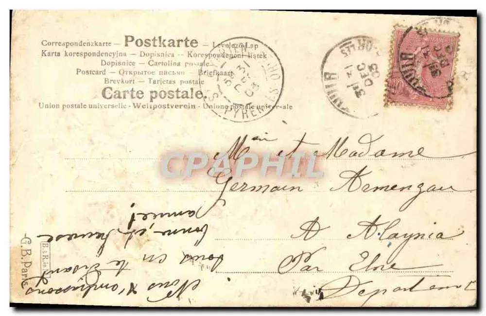 Violes et lierre — carte de vœux avec texte manuscrit — éditeur 'G.B. Darne' (verso) - Verso