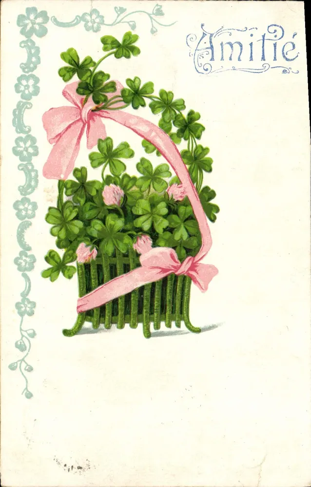 Bouquet de trèfles dans un panier — éditeur 'Amifitié' — n° de série non visible - Frente