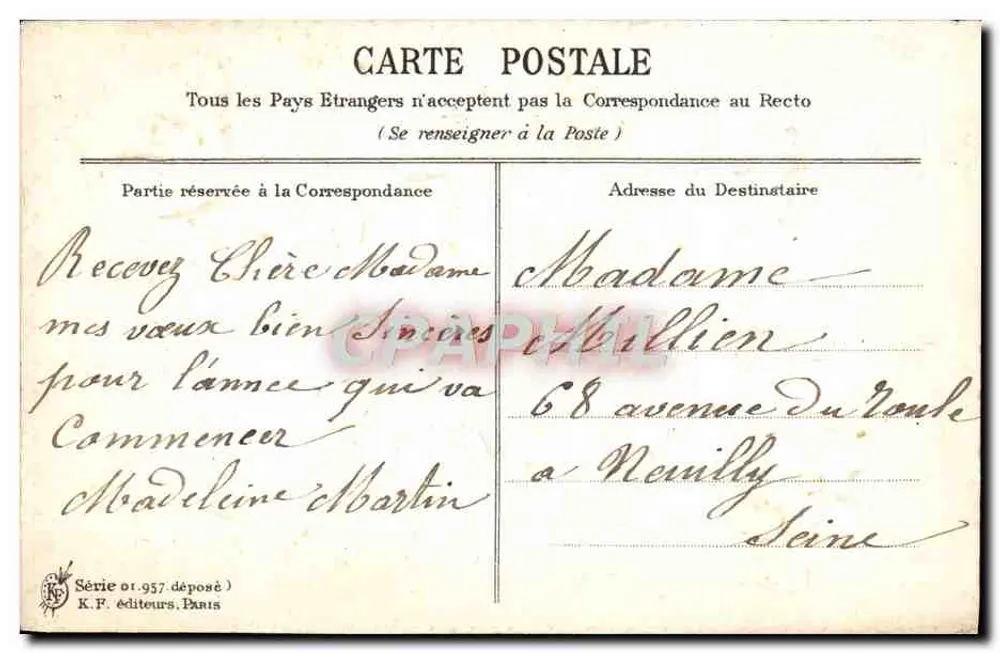 Frohe und glückliche Neujahrszeit — Glückwünsche — K.F. Verlag, Paris - Rückseite