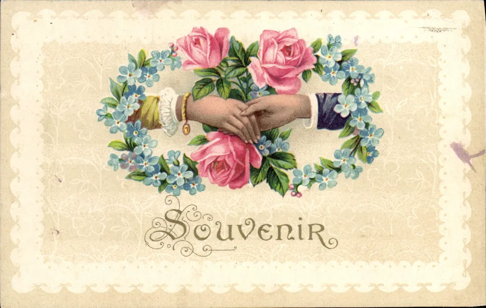 Deux mains se tenant — entourées de roses et de fleurs bleues — Souvenir - Front