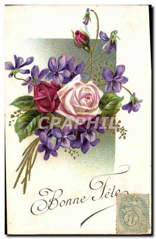Bundel rozen en viooltjes — Gelukkige verjaardag — uitgever J.C. Paris, n° 502 - Voorkant