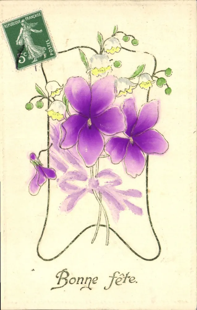 Arranjo de violetas e flores de laranjeira — Boa festa — selo de 3c República Francesa - Frente