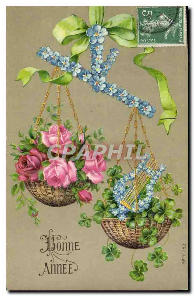 Hanging Bouquets — Happy New Year — Imprimerie de la République Française, SER 783 - Front