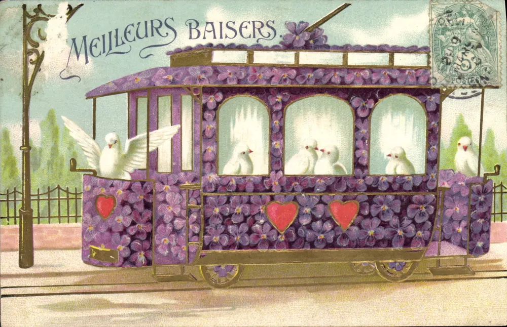 Tramway décoré de violettes et de colombes — Meilleurs Baisers. Éditeur TRADE-MANN, n° 602. - Frente