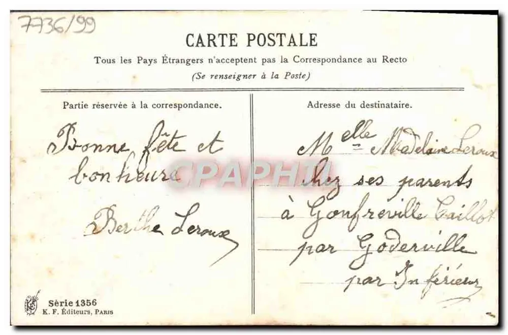 Flores e fita — Je Vous Chime — K. F. Éditeurs, Série 1356 - Verso