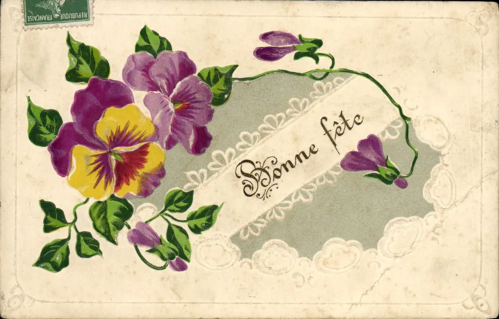 Fleurs de pensée — carte de vœux avec inscription 'Bonne fête' — éditeur non identifié - Frente
